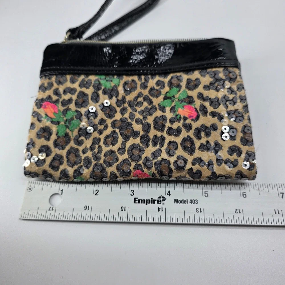 Betsey Johnson Wristlet Wallet Sequin Leopard Roses Gold Heart Bag Y2K Kitschy